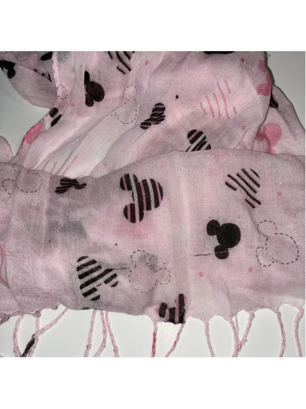 Women's Disney Mickey Mouse Print Scarf Lightweight Sheer Pink and Black Fringe